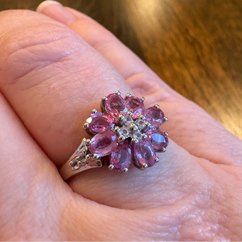 Pink & White Sapphire Floral Sterling Silver Ring Size 7